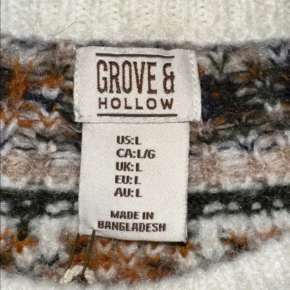 GROVE & HOLLOW Fair Isle Ivory Green Tan Navy Orange Crew Wool Blend Sweater